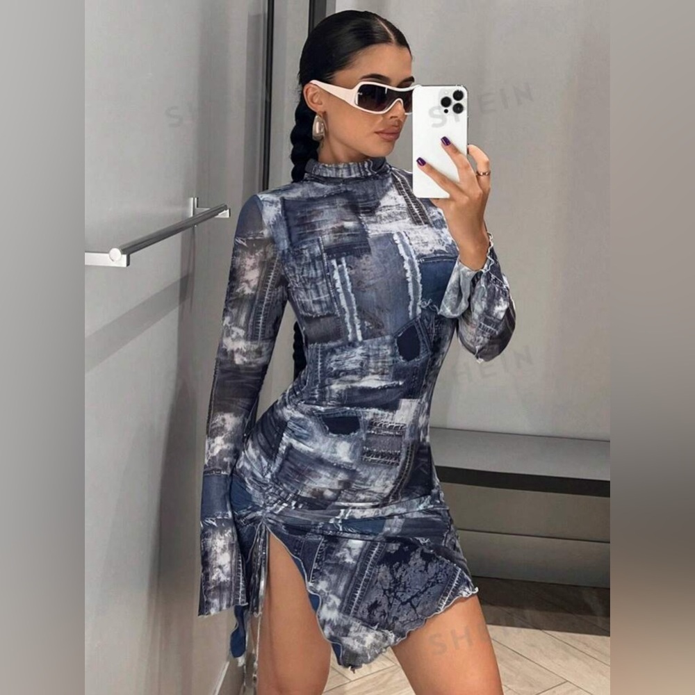 SHEIN ICON Denim Print Mock Neck Drawstring Sleeve Mesh Bodycon Mini Dress